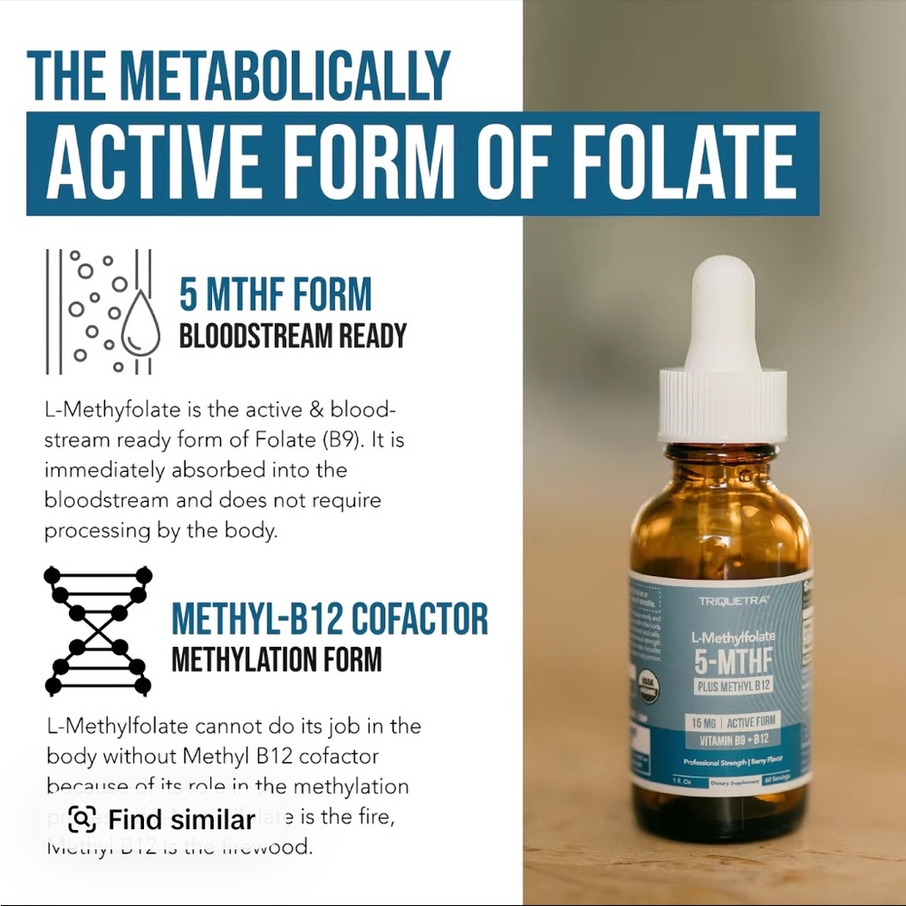 L- Methylfolate 15mg + B12 Pro Strength, Liquid 5-MTHF Form, Supports Mood - Picture 5 of 9